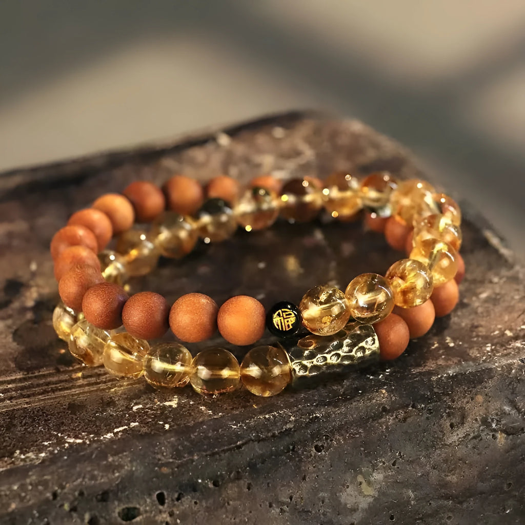 Handcrafted yellow tower crystal double ring bracelet with Barbie tan stones and retro styling