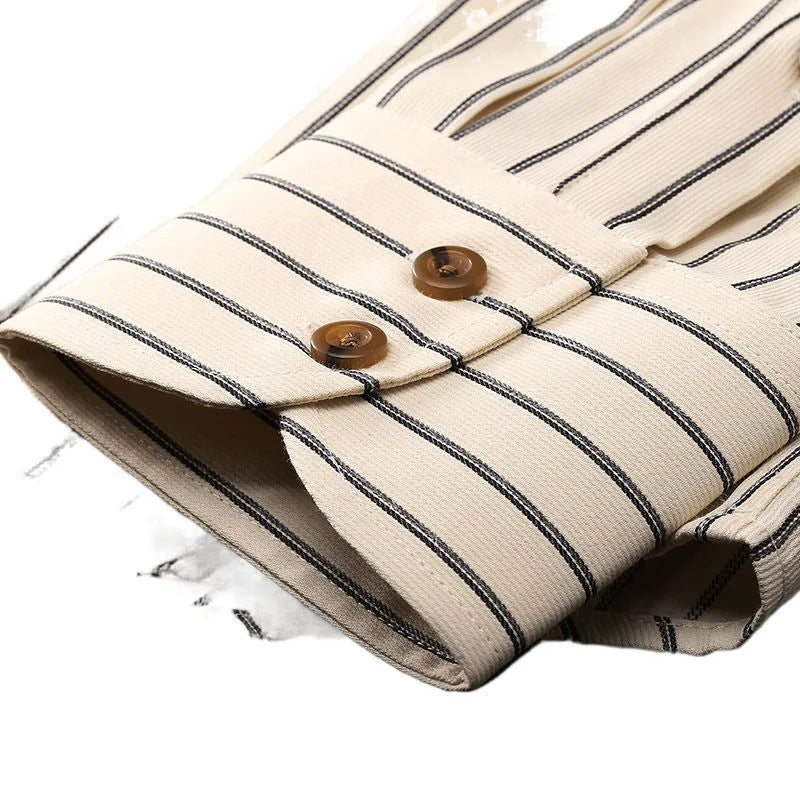 Coffee coloured striped men's long-sleeved shirt with a slim fit and wool lining on a hanger.