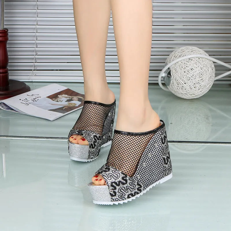 Hollowed-out heel chunky platform sandals in black, gold, or silver with mesh upper and viscose sole