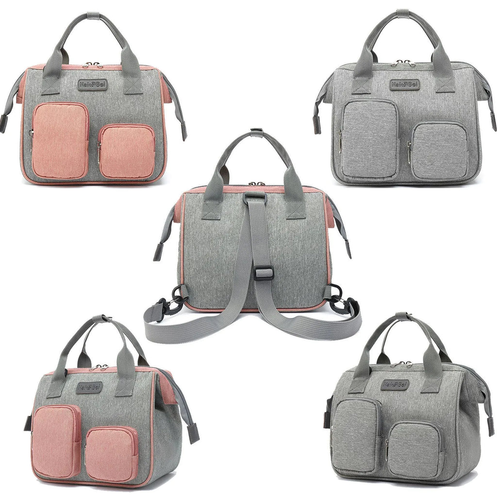 Pink grey waterproof Oxford cloth women's crossbody handbag showing external pocket and large main compartment.