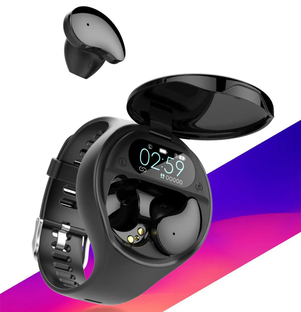 Black Bluetooth headset with detachable smart bracelet showing colour screen, earbuds, and charging cable