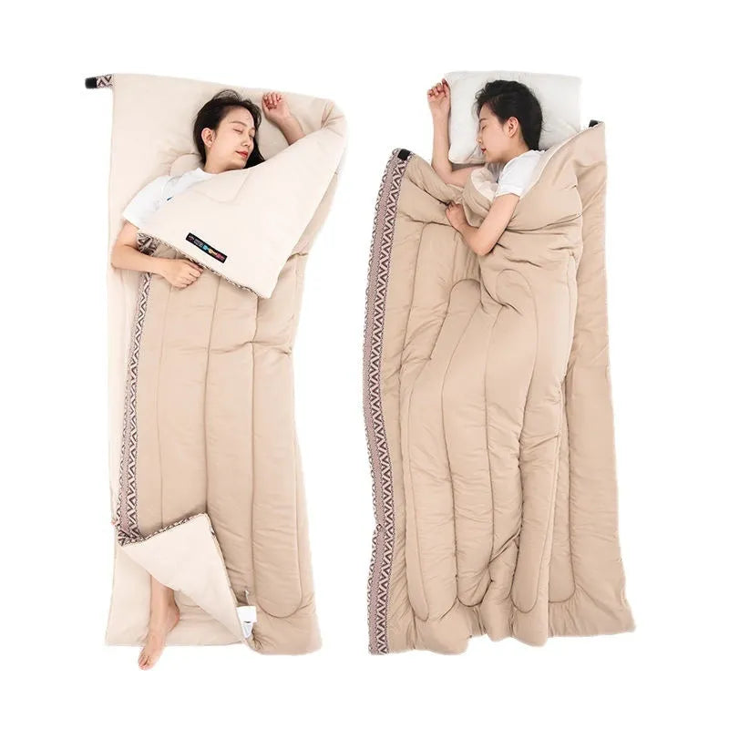 Four seasons outdoor sleeping bag unrolled showing 190cm length, hollow cotton filler, and chunya fabric in crystalline glaze colour