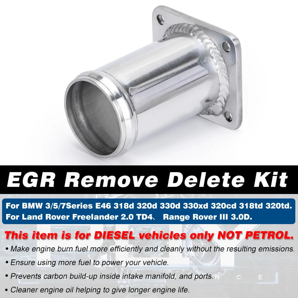 BMW E46 diesel EGR removal kit showing metal pipe, blanking plates, bolts, vacuum plug, and cable ties