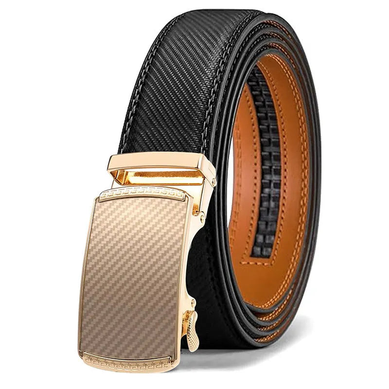 Men's PU leather belt with an automatic alloy buckle in an embossed finish.