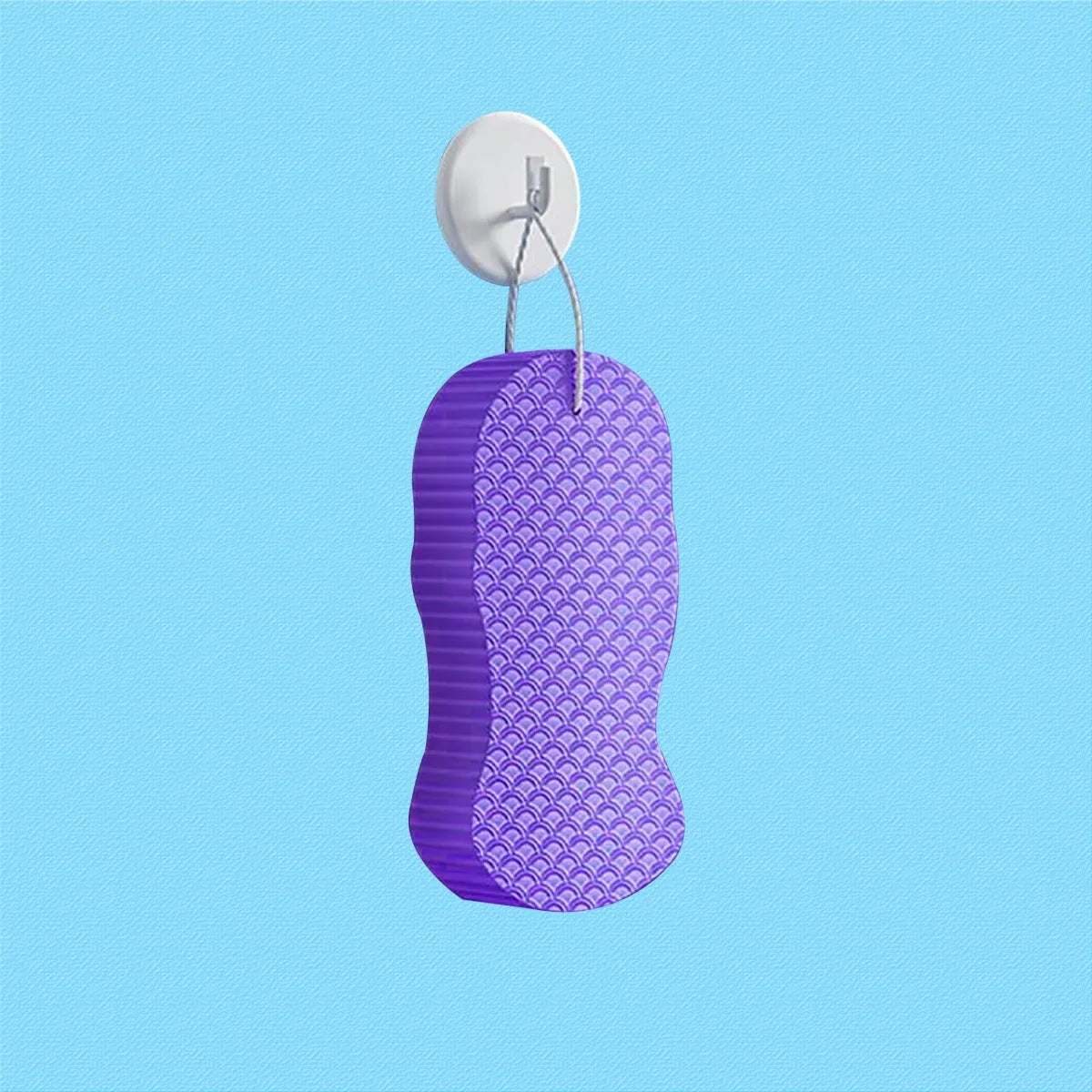 3D body rubbing sponge with fish scale pattern in white, grey, pink, or light blue, showing super-soft texture for gentle exfoliation