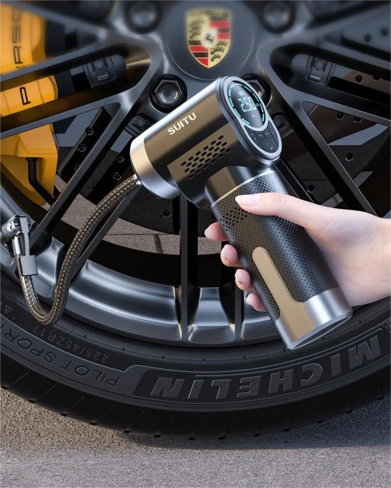 ST-5518 portable wireless air pump with nozzle accessories on black background