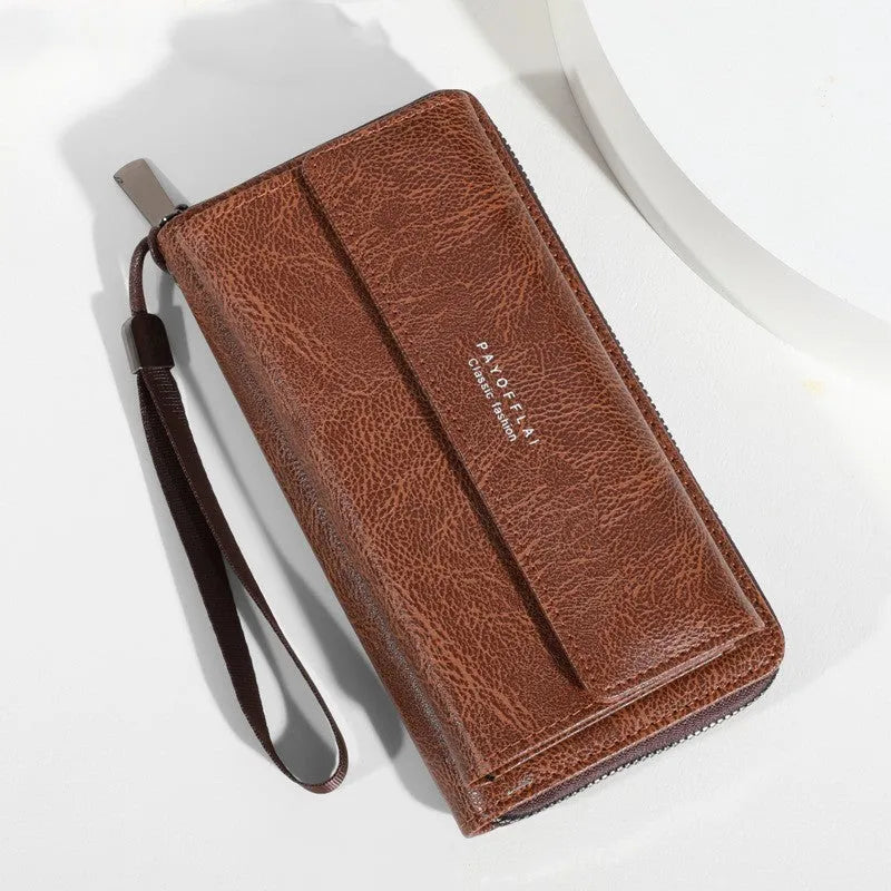 Men's black PU leather wallet showing multiple card slots, measuring 19cm by 10.5cm