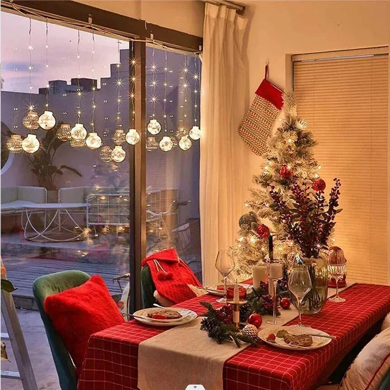 10-piece LED Christmas curtain lamp set with snowman and wishing ball designs