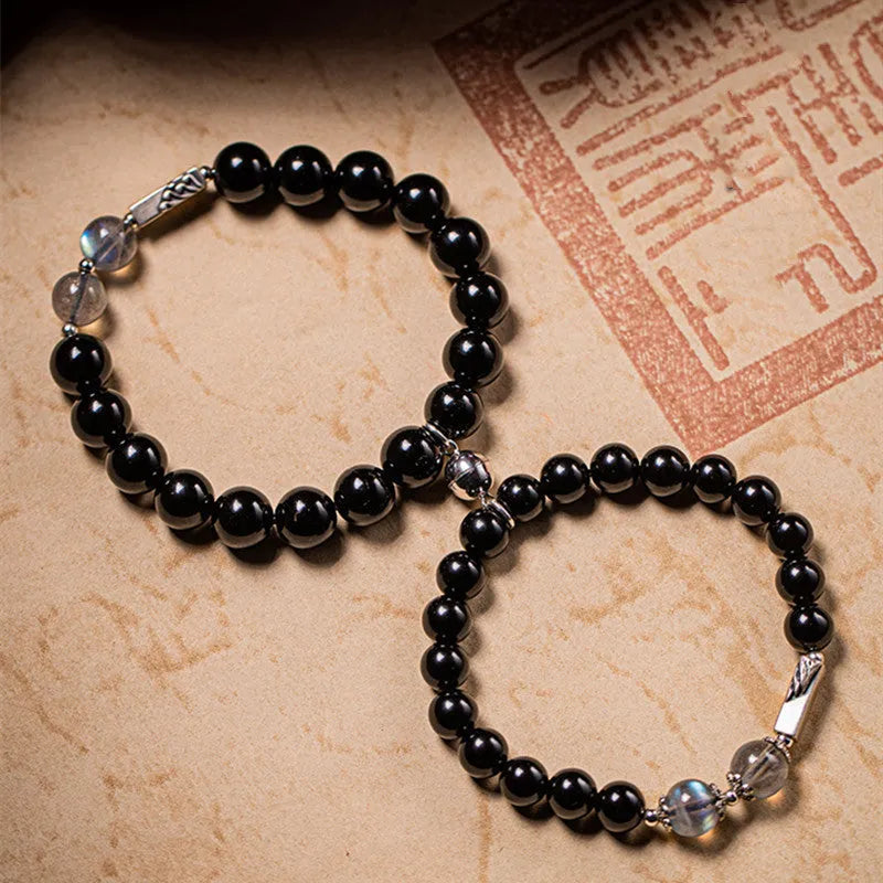 Obsidian Buddha beads couple bracelet with 8mm and 10mm natural stone beads in national style design for DIY assembly