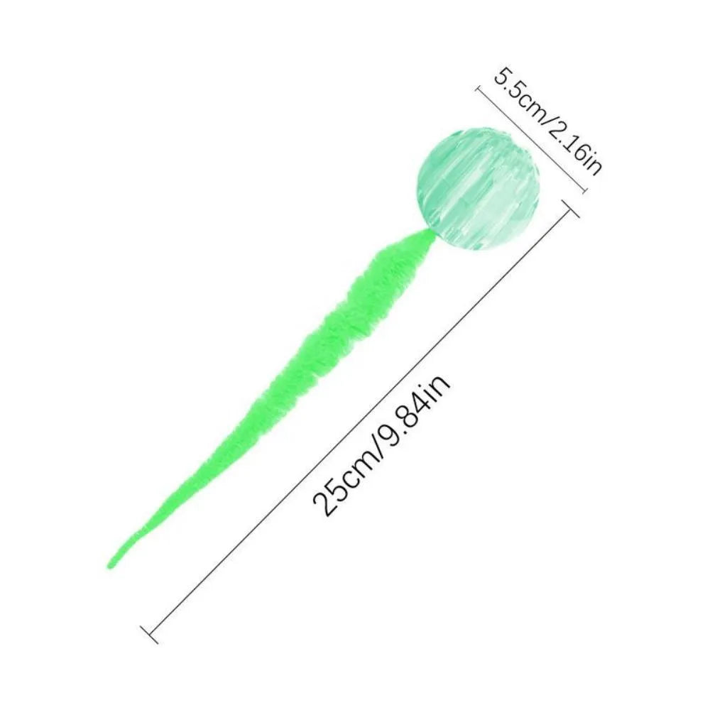 Bouncy TPR ball cat toy with soft plush tail attachment in green colour