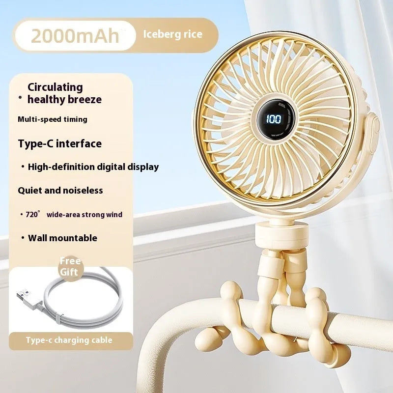 Clip-on portable stroller fan with rotating head attached to pram handle