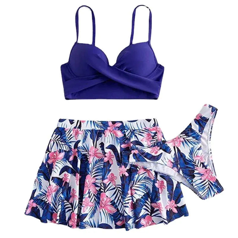Women's three-piece high-waisted bikini swimsuit set in polyester fabric