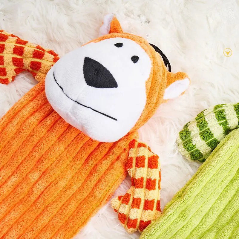 Green or orange plush dog toy with immortal squeaker for aggressive chewers