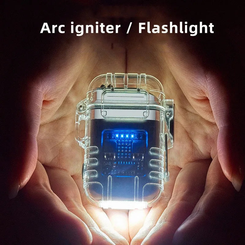 Transparent plastic dual arc lighter with USB charging port and side activation button