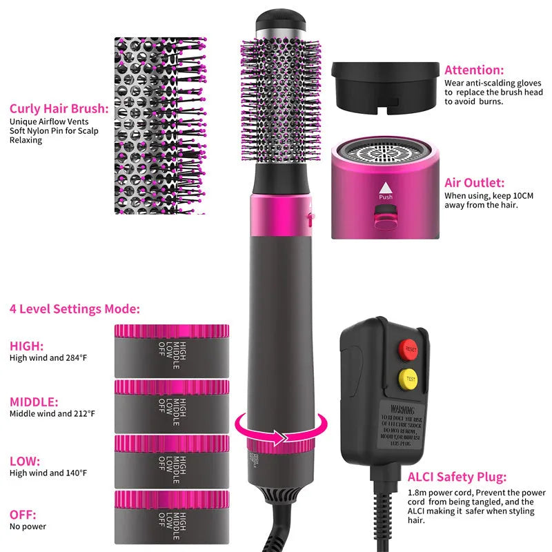 Dyson grey 5-in-1 hot air hair dryer brush with multiple brush attachments on a white background.