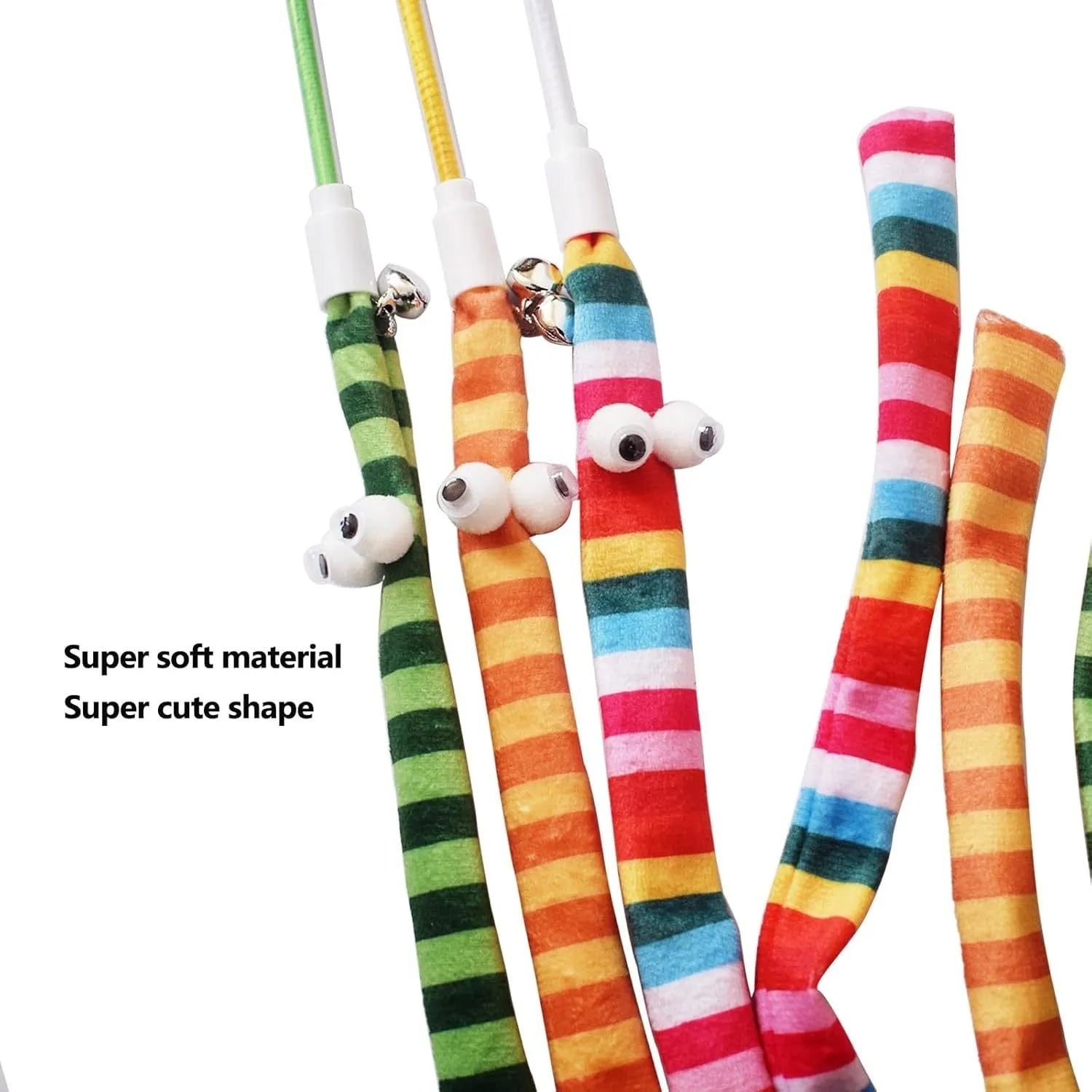 Cat wand toy with polycarbonate pole and plush strip in green, orange or rainbow colours for interactive feline play