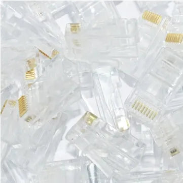 A pack of 1000 white unshielded RJ45 network modular plugs with gold-plated contacts.