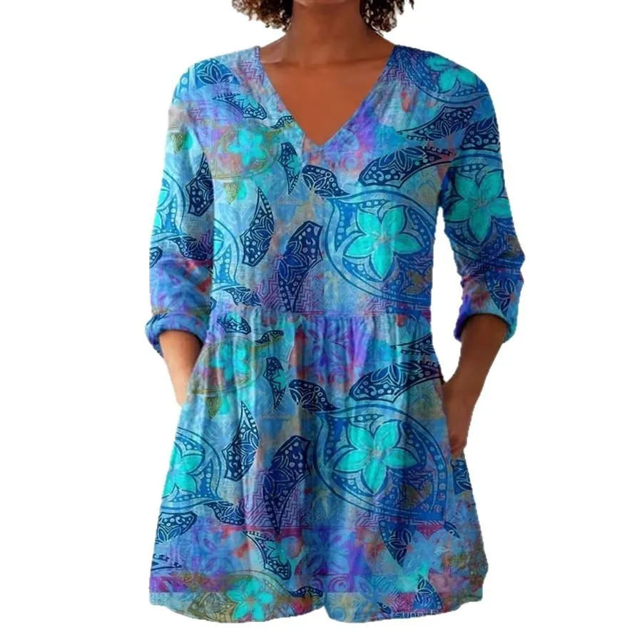Women's retro slim fit long-sleeved top with digital printing, available in multiple colours and sizes S to 5XL