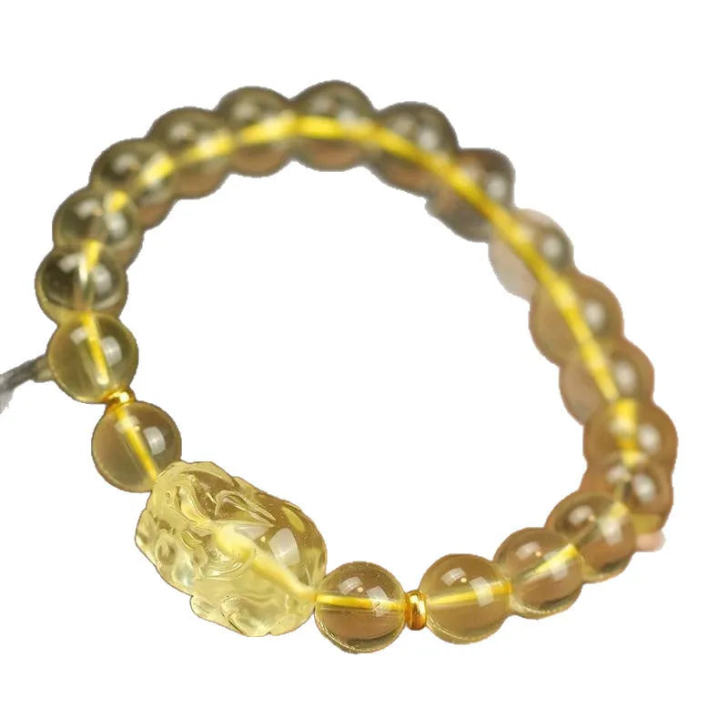 Yellow leather bracelet with artificial crystal beads in Chinese Pi Xiu design, showing 6mm 8mm 10mm size options