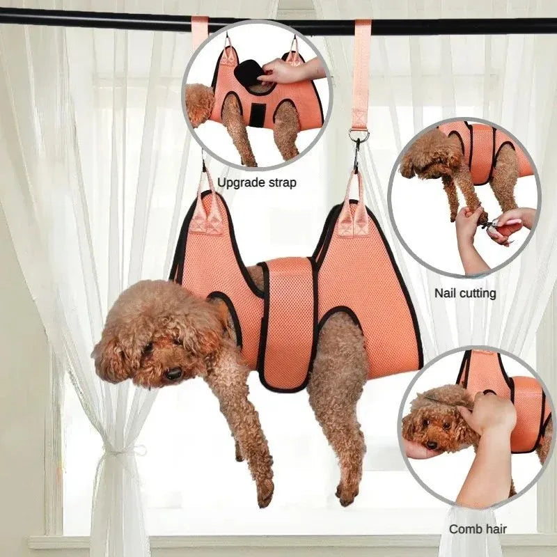 Cat grooming restraint bag with four adjustable openings hanging as a hammock