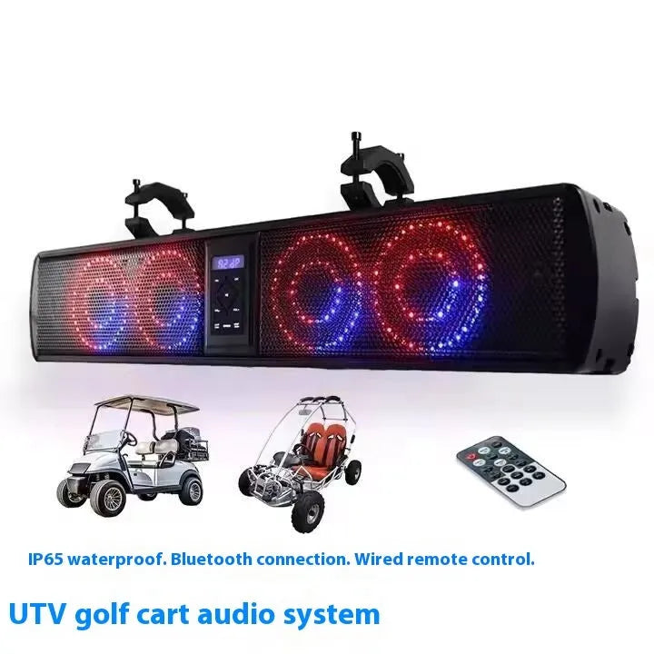 Personalized Beach Car Strip Bluetooth Audio System for golf carts and ATV vehicles showing speaker grilles and connectivity ports