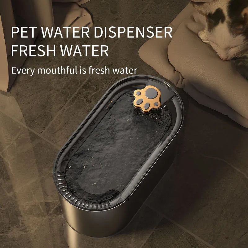 Berlin blue automatic cat water fountain with filter, LED light, and 3L capacity on a kitchen floor.
