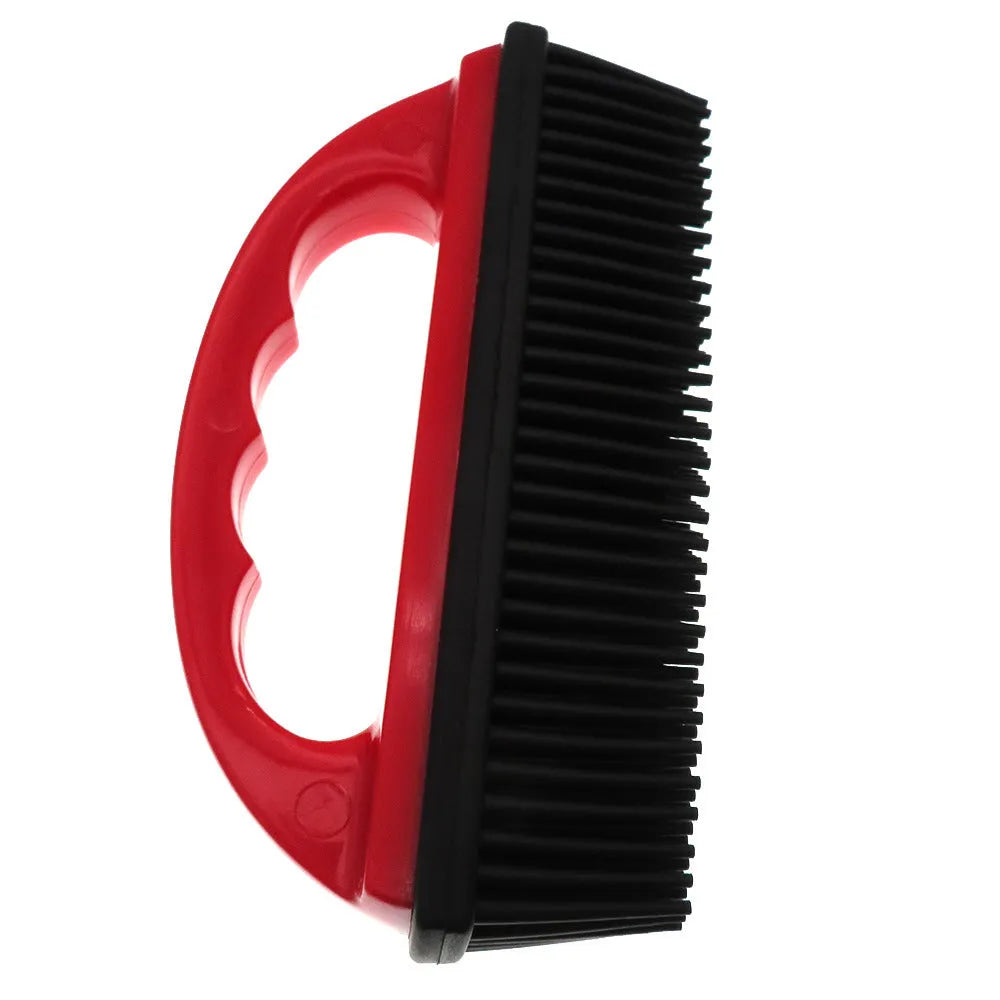 Red pet hair removal brush with silicone bristles measuring 160x85mm and ergonomic plastic handle