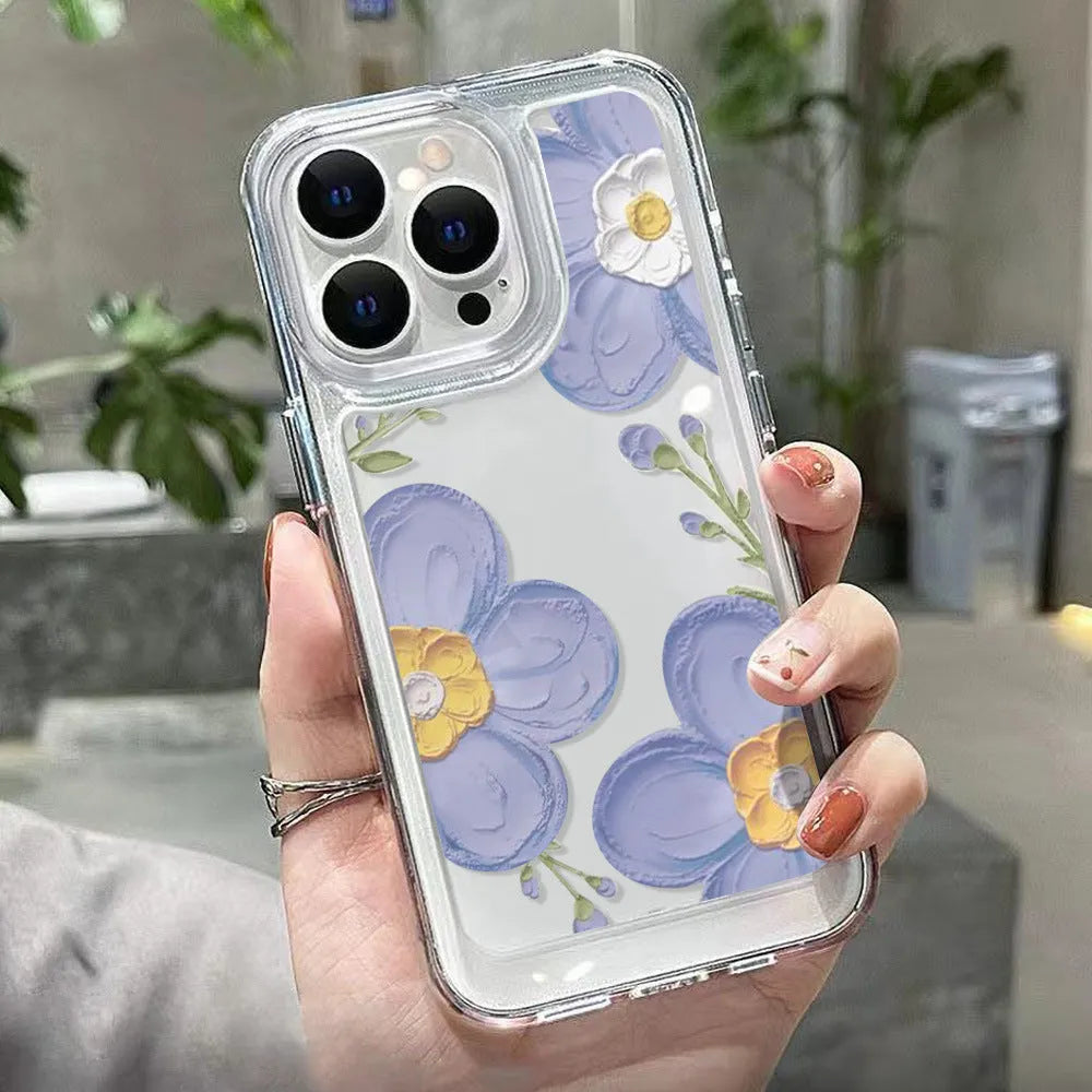Transparent silicone iPhone case with carved antique flower pattern, shockproof and anti-fall, four colour options.