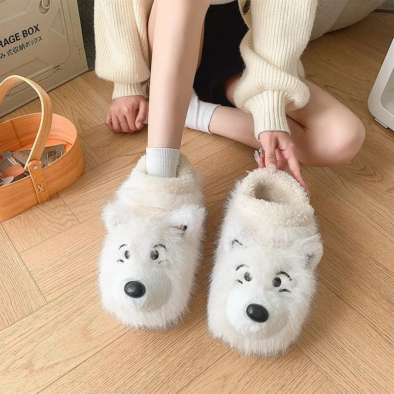 Grey and white ankle wrap cotton slippers with plush upper and non-slip sole.