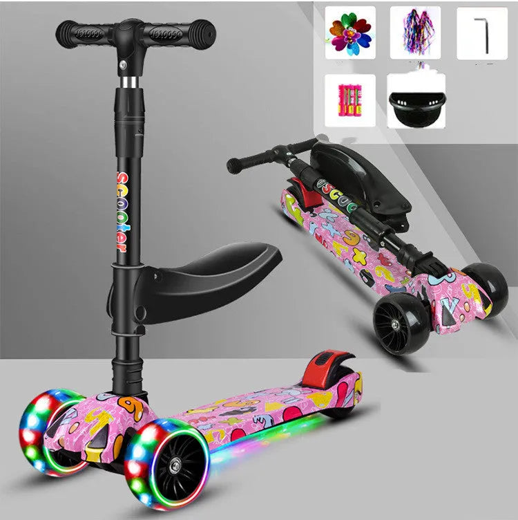 Children's three-wheel scooter with PP and inner steel plate, for ages 2-12, in black or pink