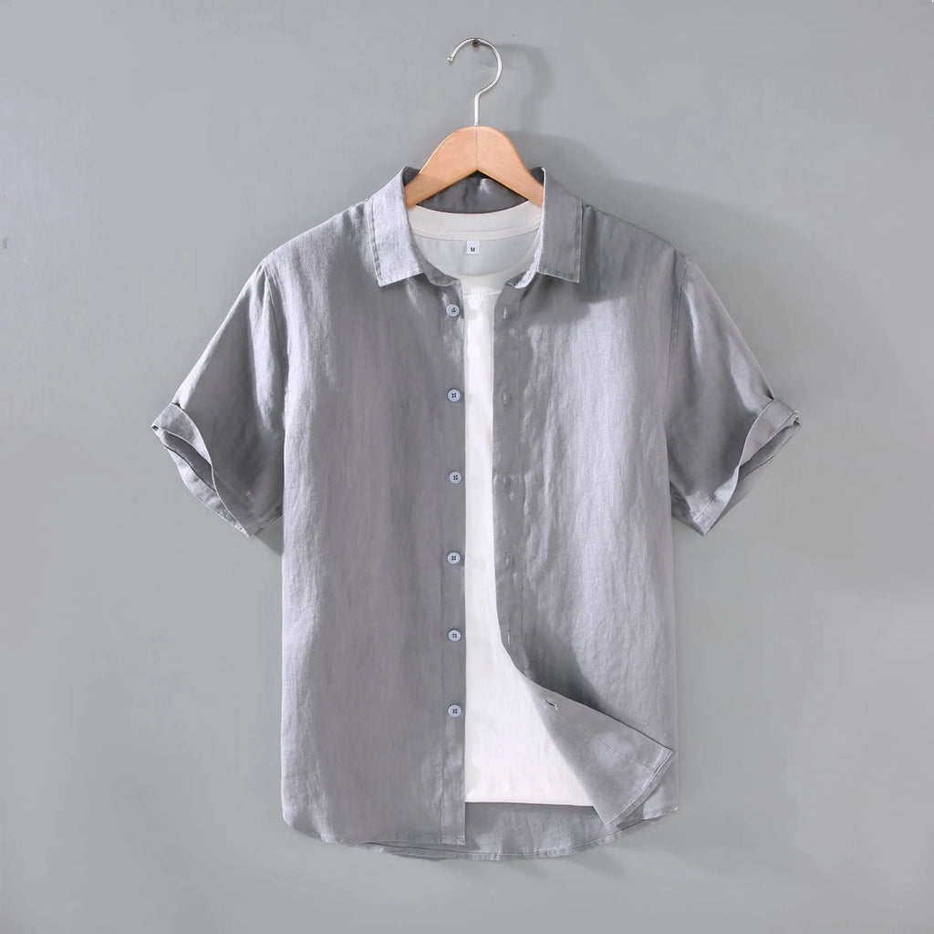 Men's grey linen short-sleeved casual shirt with a regular fit and cardigan style on a hanger
