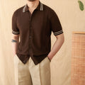 Men's apricot lapel collar short-sleeved cotton blend polo shirt laid flat.