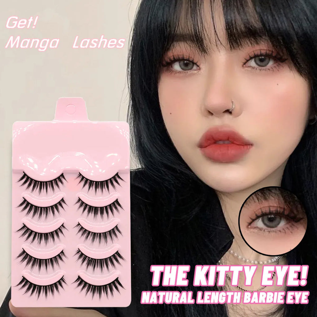 Pack of 5 pairs of black manga false eyelashes in three natural wispy styles 007, 008, 009 for cosplay.