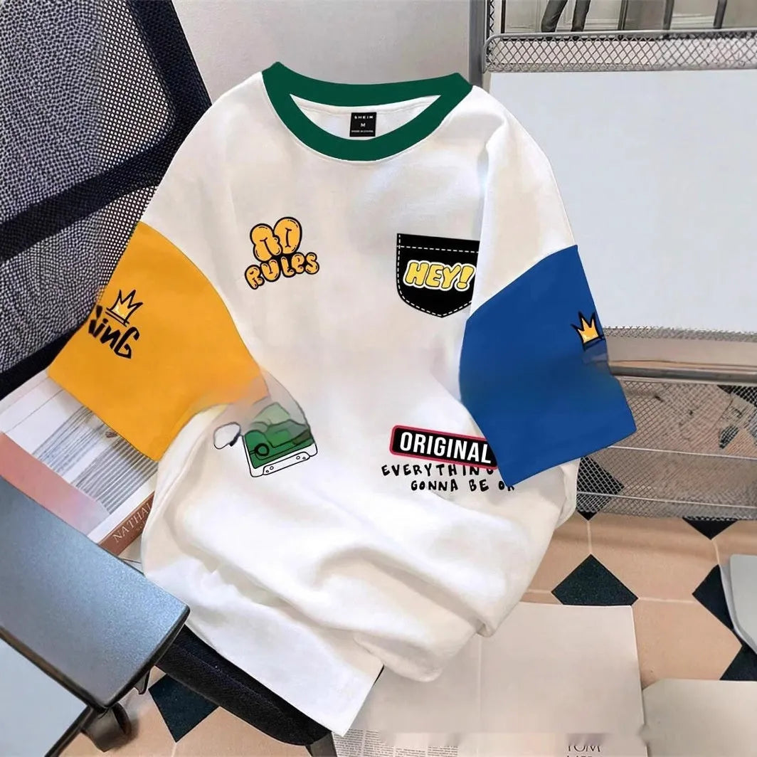 Printed casual T-shirt with loose fit and digital letter design in multiple colour options