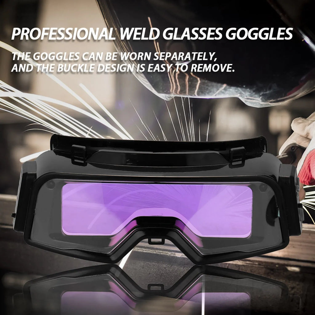 Black automatic welding mask with 122.5x35mm viewing area showing automatic darkening lens and adjustable headgear