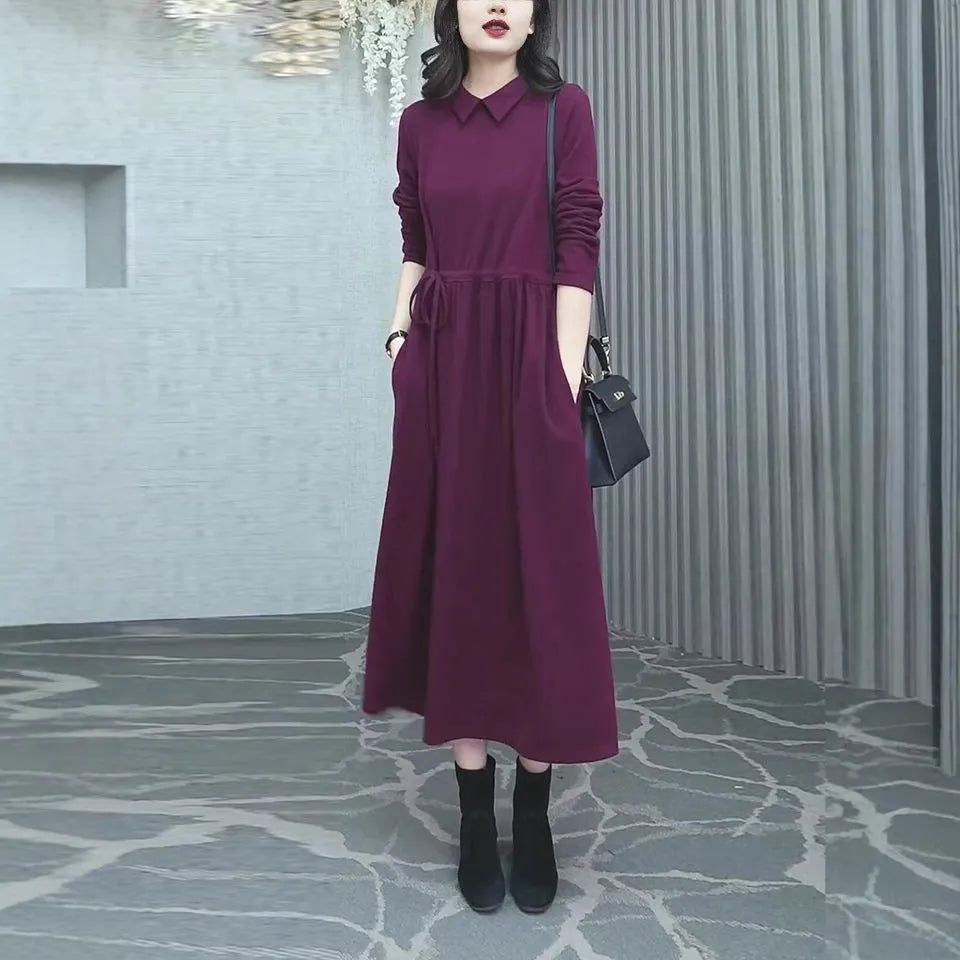 Purplish red long-sleeve dress with extra-long sleeves and long skirt for autumn and winter, available in sizes S to 3XL.