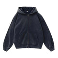 Women's loose grey fleece-lined hooded cardigan sweater with patch pockets.