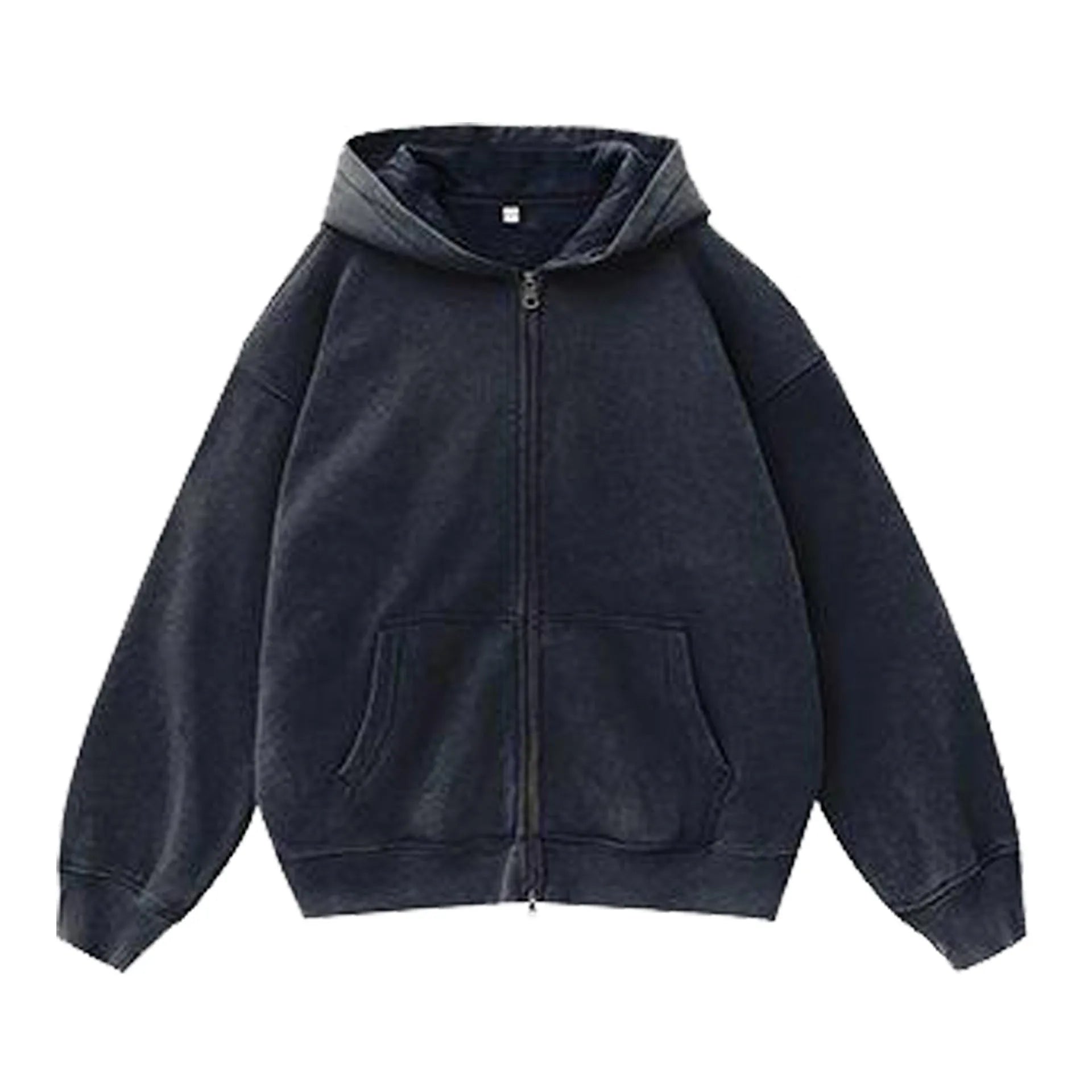 Women's loose grey fleece-lined hooded cardigan sweater with patch pockets.