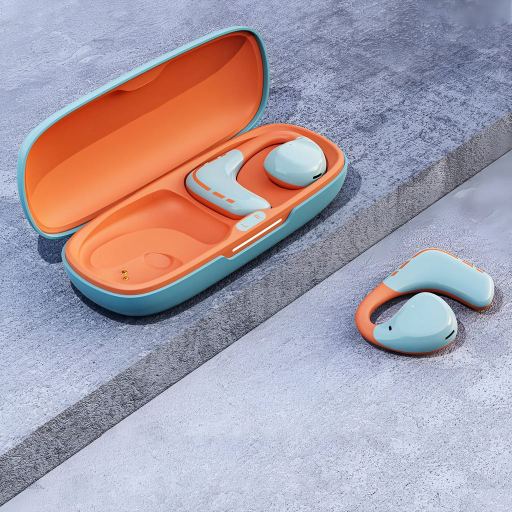 Blue and orange wireless Bluetooth sports headset with ear hook design