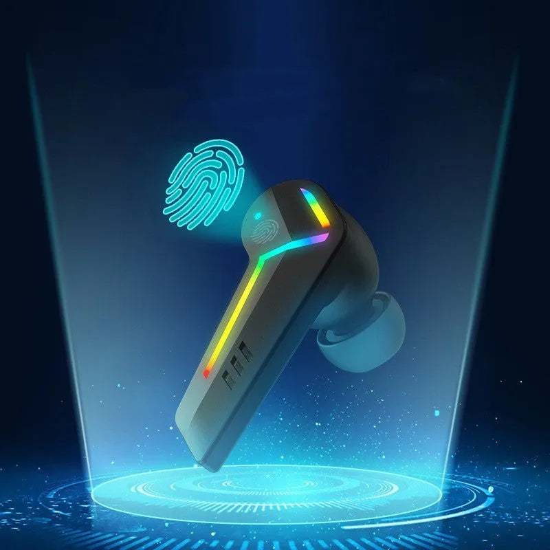 Black wireless Bluetooth headset with earplug design for sports and gaming, showing compact size