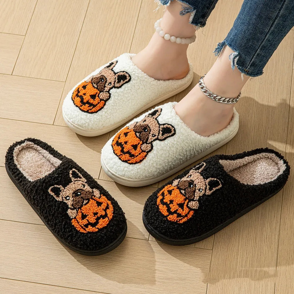 Halloween pumpkin slippers with plush upper and non-slip TPR soles in black and white