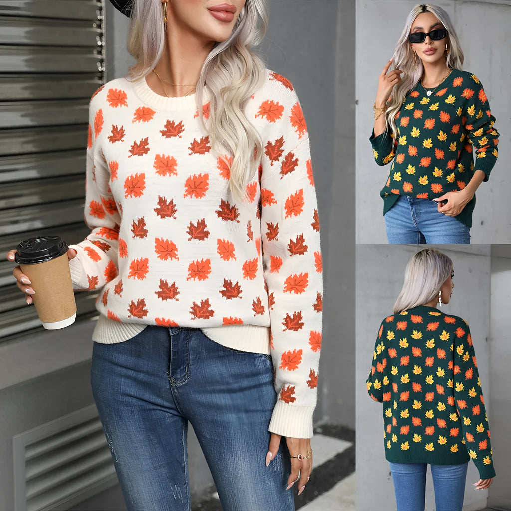 Maple Leaf Christmas pullover sweater in loose street fashion style with contrast colour design