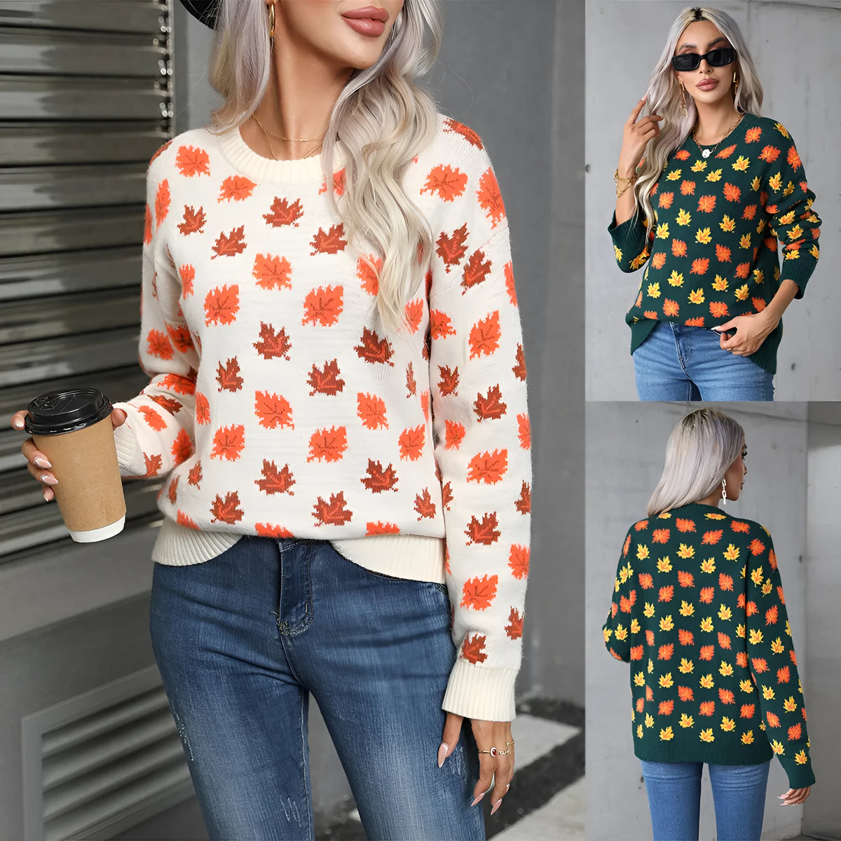 Maple Leaf Christmas pullover sweater in loose street fashion style with contrast colour design