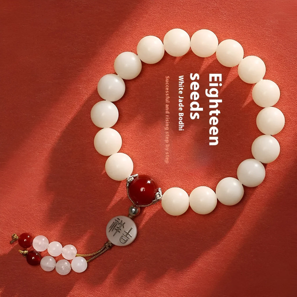 White Jade Bodhi bracelet with 10mm beads in three colour options showing manual processing details