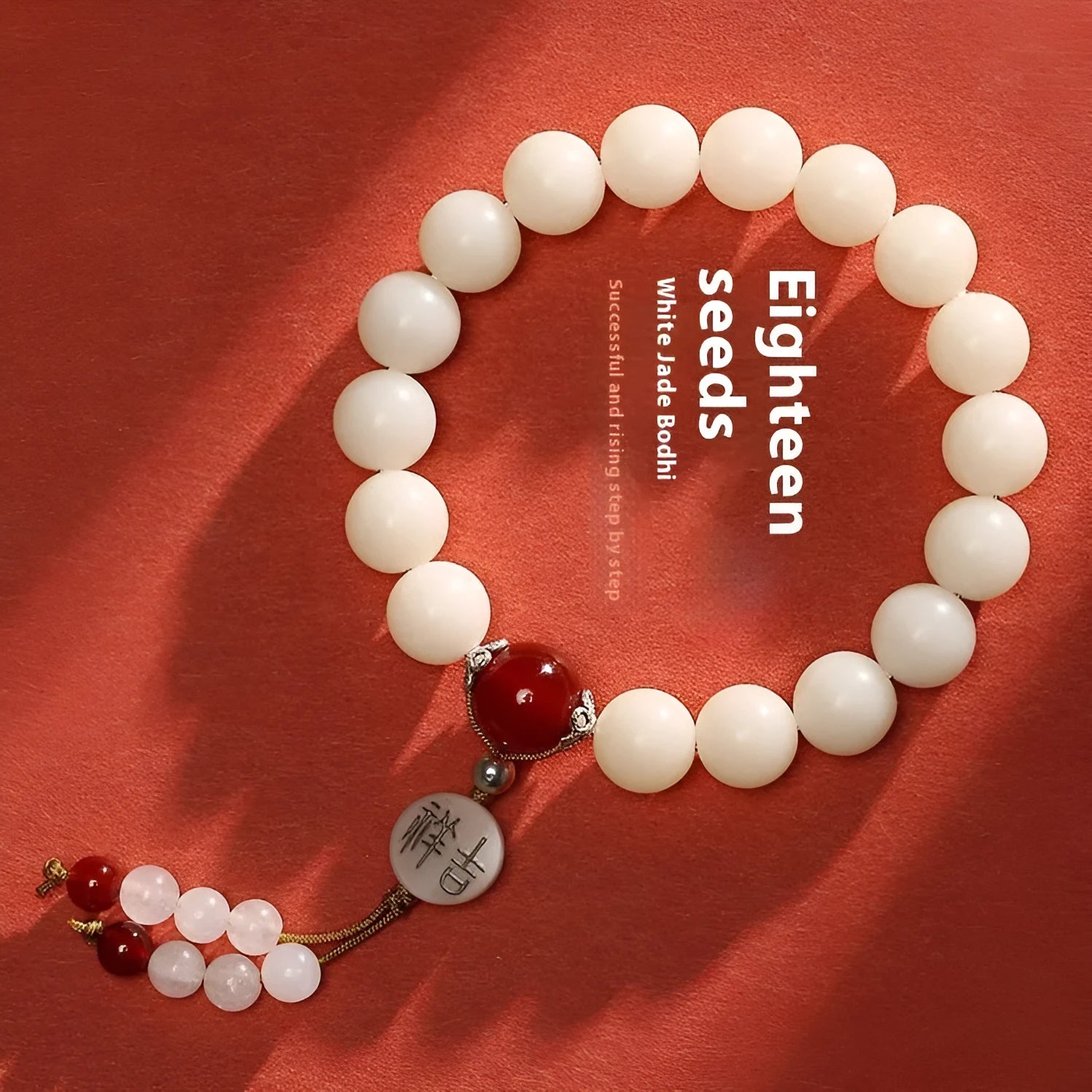 White Jade Bodhi bracelet with 10mm beads in three colour options showing manual processing details