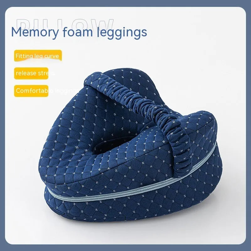 Heart-shaped memory foam leg pillow in dark blue jacquard, measuring 25x23x13cm, for adult leg support