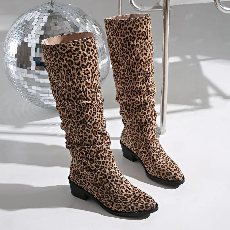 Brown leopard print women's ankle boots with square toe and chunky block heel