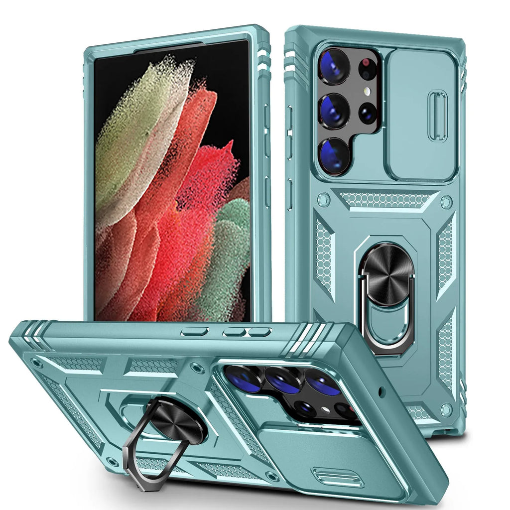 S24 Ultra phone case in black with sliding window bracket and drop-resistant PC cover
