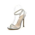 Women's European style sandals with stiletto heels in black suede with rhinestone details