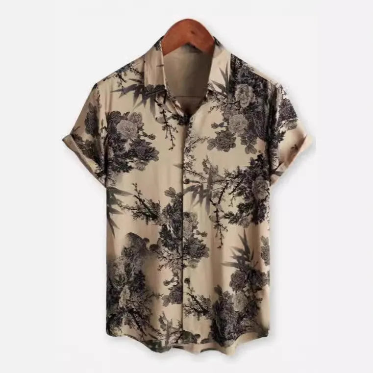 Hawaiian printing lapel short sleeve shirt with floral pattern, elastic fabric, available in multiple colours and sizes for travel wear